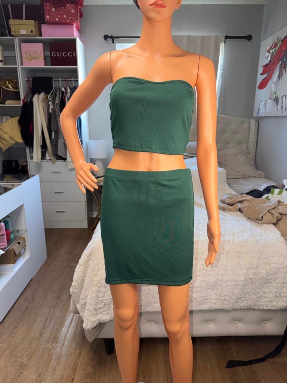 Women's Forest Green Strapless Crop Top & Mini Skirt Set